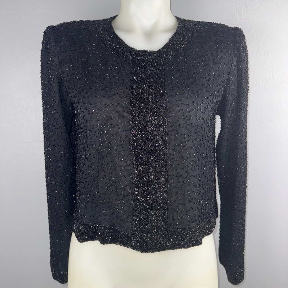 Vintage‎ 80s Stenay Jacket Black 100% Silk Heavy Fully Beaded Glam Glitz *READ